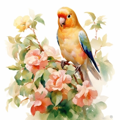peach-faced lovebird,FLOWERS, watercolor painting by JOHN SINGER SARGENT, clipart, white background