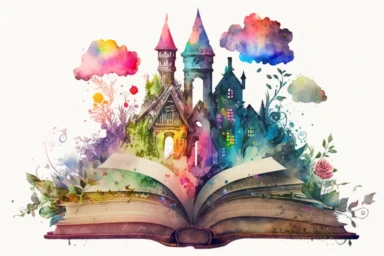 Watercolor Fantasy Books Clipart, Open Book Clip Art, old books, in the style of technicolor dreamscape,Magic Books, hd, on white background, no text, magical, flowers, castle, house