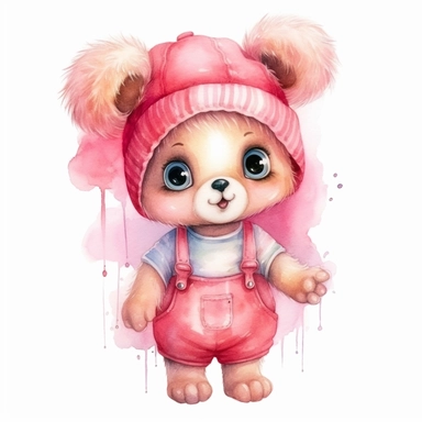 Cute cartoon baby teddy bear girl with big eyes in beautiful pink pastel summer clothes, clipart, hand painting watercolor, watercolor paper textute , white background