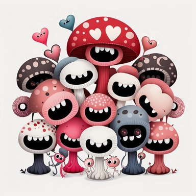 smiling cute evil mushrooms clip art, birthday, party, teeth, grin, dancing, kissing, hearts, white, pink, red, black, intricate details, white background