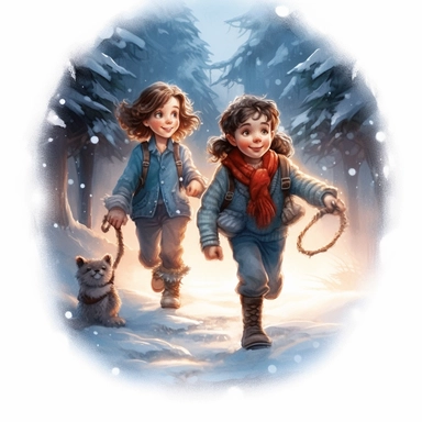 christmas eve, 2 happy children walking in the Narnia, Disney style of animation, clipart