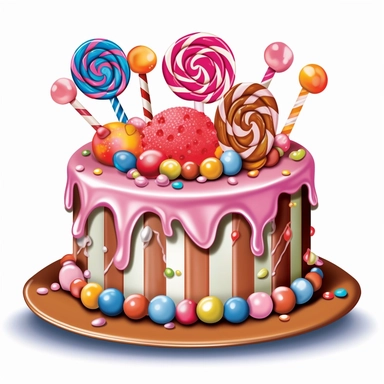 Create a clipart image of a birthday cake with a whimsical theme. Incorporate elements like candy, lollipops, and colorful fondant decorations.