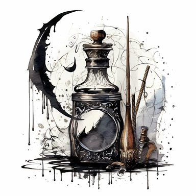 creepy magic ink bottle and quill pen with crescent moon clipart, detailed, white background, illustration painting, collaged constructions, digital art, watercolor, in the style of sculptural and geometric, forced perspective drawings, Geometric brushstrokes form an intriguingly abstract, in the style of dark fantasy, creepy frightening repulsive images, frightening, painterly figure, by Pablo Picasso, by Zdzisław Beksiński