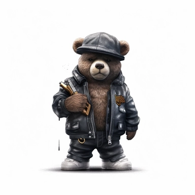 A clipart of a gangsta-inspired teddy bear with a tilted hat, smoking a cigar, white background, n the style of cyberpunk realism, chiaroscuro portraitures, street style realism, album covers, ultra hd, leica m6