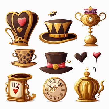 collection of hat , teapot,book, teacup, hearts cards, big crazy hat, gold melting clock , hourglass, queen of hearts , hearts paying cards vector clipart on white background