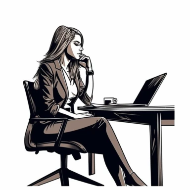 vector, girl boss clipart sitting at desk with laptop computer, illustration, hd, white background