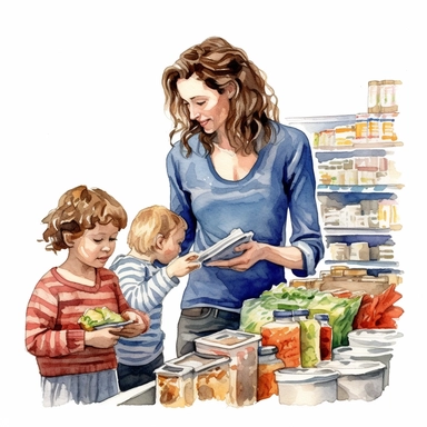 watercolor detailed illustration of An extremely happy smiling woman making groceries with her kids in a grocery store, clipart, white background