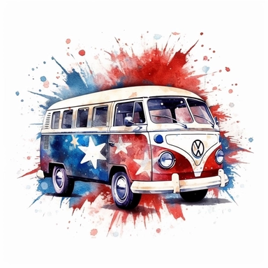red white and blue american white stars, hippie van watercolor clipart