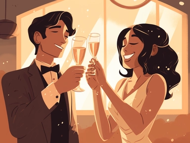 A celebratory clipart featuring a bride and groom raising their champagne flutes in a toast. The couple's expressions radiate happiness and bliss as they celebrate their union and the start of their shared journey. The clinking of glasses signifies love, prosperity, and a promising future.