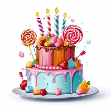 Create a clipart image of a birthday cake with a whimsical theme. Incorporate elements like candy, lollipops, and colorful fondant decorations.