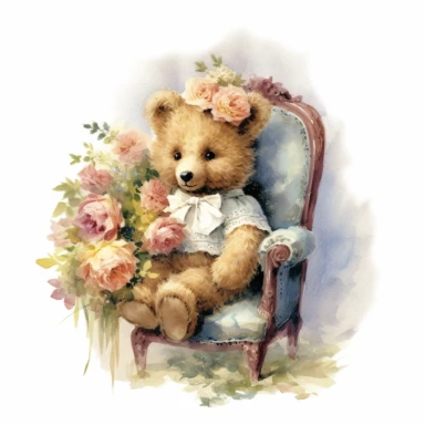 victorian vintage adorable little teddy with banquette and wild flowers, full body, clipart style, accurate details, oil painting technique, super high quality, professional watercolor clipart, high resolution