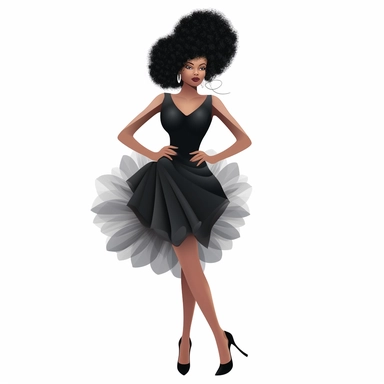 Create clipart sticker featuring white background a full-body runway pose, of a beautiful, black African-American girl confidently wearing stilettos, model wearing fashion designer clothing Couture and Ready-to-Wear: Designer clothing encompasses both haute couture (high-end, custom-made pieces) and ready-to-wear (ready-made garments available for purchase). Haute couture garments are meticulously crafted to the client's
