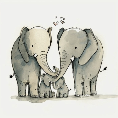 watercolor and ink drawing of a portrait of a family of three happy elephants, one mom elephant, one dad elephant, one baby elephant, clipart, embracing each other, cute pose, cartoon, doodle, happy, smiling, beautiful watercolor ink wash coloring, thick pencil lines, Quentin blake, Adrian tomine, popular on etsy, watercolor illustrations clipart, watercolor illlustrations for kids and children, book illustrations, plain white background