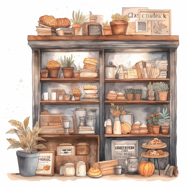 watercolor, hyper realistic, white background, white margins, 16k, ultra detailed clipart, cut out image, hand-drawn illustration style for picture books cozy book store coffee shop with warm brown accents, featuring a selection of baked goods and hot drinks