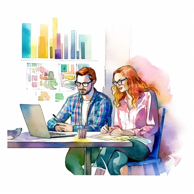 Vector clipart, white background, watercolor, a beautiful couple sitting at an organized desk in a living room filling joint tax return on a large computer screen with pay slips and bills above the desk, triadic-colors and saturated colors.