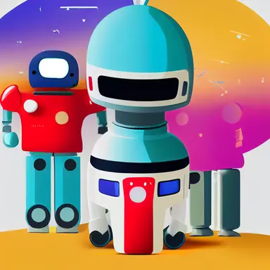 a virtual world full of heartfelt robots that encourage each other, play games with each other, create beautiful clipart together in a pop art style