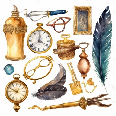 watercolour Collection of golden vintage accessories and antique objects. Old keys, clock, loupe, compass, ink feather pen, scissors, glasses isolated on white background. Clip art