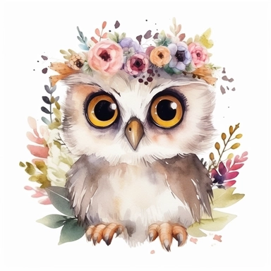 Cute baby owl, cute big eyes, colorful, floral crown, watercolor style, clipart, white background
