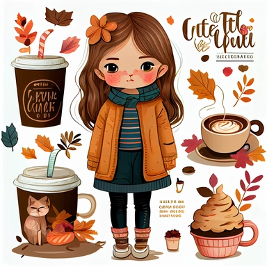 separated clipart set, clipart collection, colorful, detailed, photorealistic, elaborated, cozy little girl with with fall coffee latte, cat, png, vector, svg