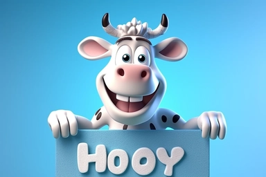 character cartoon cow with banner in clipart 3d image, in the style of unreal engine 5, natalia rak, movie still, matte photo, lightbox, relief, white and cyan