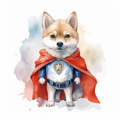 a courageous watercolor clipart image with a white background, featuring a cute cartoon dog superhero with a superhero suit