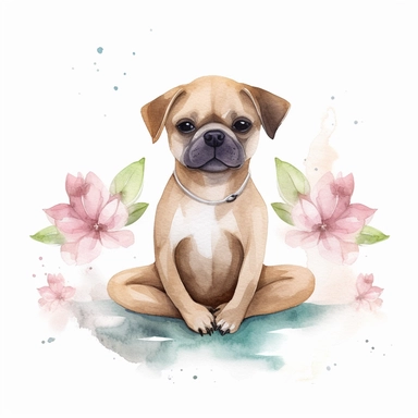 cute dog doing yoga exercise, yoga lotus flower background, watercolour clip art