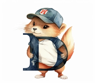 create watercolor clipart of letter D , cute animal in baseball costumes with baseball, incredibly high detail, 16k, gorgeous, white background