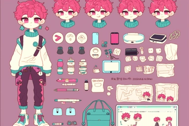 a boy who has magenta hair and aqua hanging eyes and thick eyebrows that is standing in front of a bunch of stuff, trending on deviantart, character sheet, ☕️ ? ?, embrace porcelain doll,everything fits on the screen,highly detailed object content, secret,knolling, clipart icon,anime, gadget and cosmetics