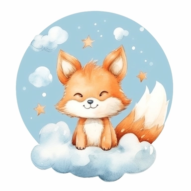 cute colorful fox with cloud clipart, for childish cards, detail, illustration style, high solution, Watercolor, on the white background, hd