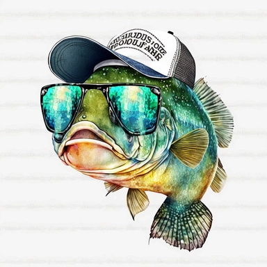 hand drawn, watercolor clipart, bass fish with sunglasses and cap, detailed, natural colors, vibrant, white background--no text