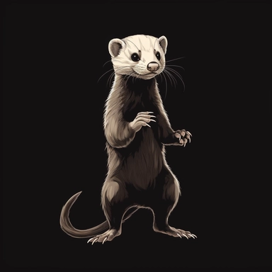 A portrait of a Ferret, direct shot standing upright on hind legs, looking very cute and cool, vector illustration, clipart, outlines, portrait, black background