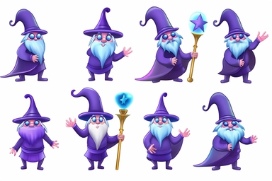 6 Cute purple blue Wizards Master with magician trophy Clipart, on white background, 4K, Ultra-HD, wizardcore