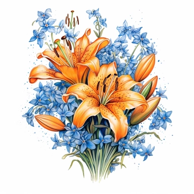 a bouquet of bright orange tiger lilies with blue baby’s breath, color pencil sketch on a white background for clipart
