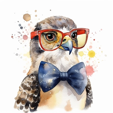 please create watercolor clipart of a hawk smiling, wearing party GLASSES AND BOW TIE and bubbles, colorful, WHITE BACKGROUND