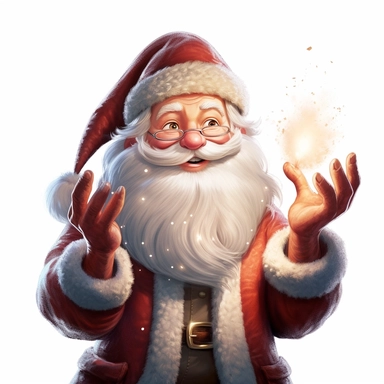 a cute whimsical Pixar Disney style classic Santa Claus he is looking amazed at the sparkling light in hands sparkling clipart in one hand, digital illustration, detailed, realistic, detailed Pixar Disney style, on white background