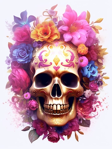 Very 3d sugar skull with florals, in the style of fantasy art, 32k uhd, tim shumate, dark magenta and gold, luminous atmosphere, fantastical street, luminous, clipart png, photorealistic, watercolor, digital painting, WHITE BACKGROUND, fantasy style, realistic, painting, 8k, ultra details,