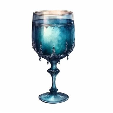 watercolour Victorian Gothic fancy wine glass, dark Gloomy shades of aqua blue mysterious, fantasy, highly detailed, 32k, isoplated on a white background, clipart