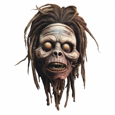 a voodoo shrunken head with mouth and eyes stitched shut, calm expression, dark shrivelled skin, pastel, photorealistic, hyper realistic, ultra high-detail, dark outlines, white background, clipart,