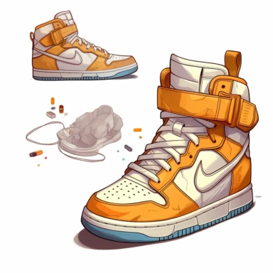 Nike sneakers, cute character, character design, model sheet, clipart, multiple poses, 2d art
