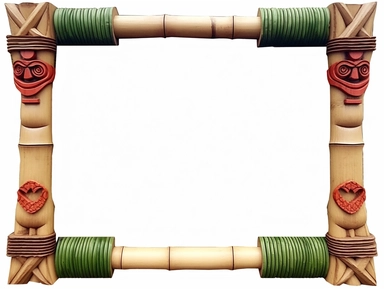 Frame whith two feet, carved in wood, immediate foreground, white blank empty canvas, tiki style, clipart, isolated, white background, extremely detailed, photo realistic, high resolution, realistic, 8K