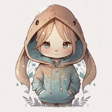 rabbit with hoody, Watercolor Clipart,comic, strybk, full Illustration, 4k, sharp focus, watercolor, smooth soft skin, symmetrical, soft lighting, detailed face, concept art, muted colors, watercolor style, strybk, children's style fairy tales, chibi kawaii, . Octane rendering, 3d. Perfect face, detailed face, delicate face, perfect sharp lips, detailed eyes. Craig Davison, Aubrey Beardsley, Conrad Roset, Aikut Aidogdu, Agnes Cecil, watercolor style
