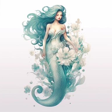 racial full body mermaid, girl isoleted on white background, mermaid with scales and little mermaid tail in the style of anna dittmann, rose and aquamarine, zhang jingna, detailed painting, detailed character illustrations, fluid, watery, organic shapes, transparent/translucent medium, isoleted on white background, total body, mermaid body, seashells, clipart