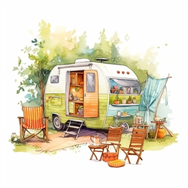 camping style cute caravan in the campground with watercolor effect,camping tools,camping chairs and table,caravan pengola,forest landscape,suitable for digital clipart,white background