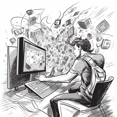 An image of a person clicking a well-designed Google Ad on their computer, with dollar bills flying out of the screen, representing the profitability of well-managed Google Ads campaigns. high-contrast sketch,black and white, strong design elements, clipart