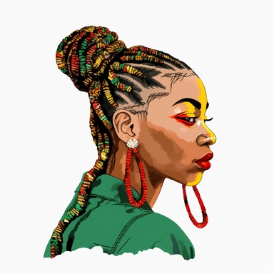 a black woman with braids and beads, green, yellow and red beads, with shades on, juneteeth art, sideview, watercolor clipart