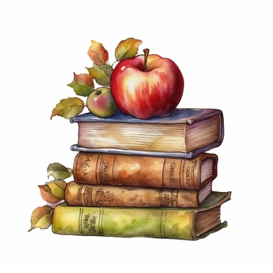 vintage book stack and apples watercolor illustration clipart, detailed, hd, black outline, white background, watercolor, digital art