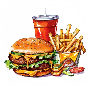 Picture a charming, hand-drawn clipart of a favorite fast-food meal. A cola can, with its top popped open, is fizzing. Beside it is a delectable hamburger, its layers visible and enticing: a soft bun, a juicy beef patty, melting cheese, and a splash of fresh greens. Adjacent to the hamburger, a portion of crispy, golden french fries is displayed, their thin, irregular shapes suggesting their crunchy texture. The trio is set against a stark white background, highlighting the details and making th
