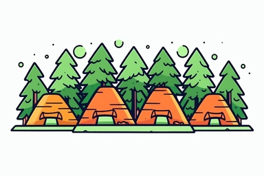 clipart design of a campsite in front of pine trees on a white background, simple design, cute style, clean lines