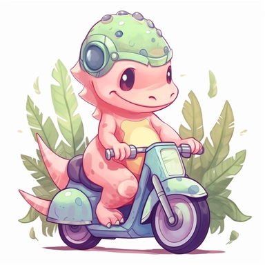 Create a clipart of a cute dinosaur riding a motorcycle. Pastel colors. Kawaii style. Jungle trees before a White Background, soft lighting.