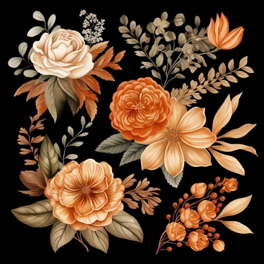 Terracotta Floral Watercolor Clipart Pack on Black Background, an opulent collection of meticulously detailed, autumn-inspired floral and foliage illustrations, rendered in a distinctive watercolor style for commercial use. This set presents a vibrant and detailed selection of orange and brown neutral florals, alongside an array of lush green leaves, echoing the warm and earthy tones of terracotta, all contrasted against a deep black background for an extra dramatic effect. These transparent PNG